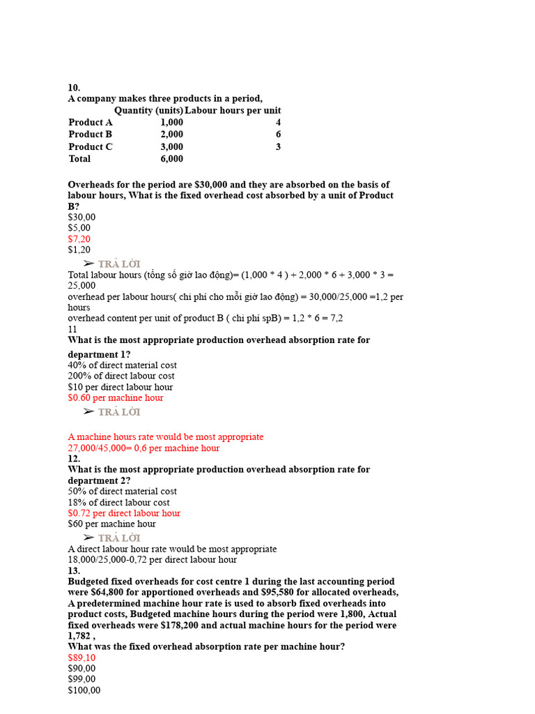Overhead Cost Absorption Calculations | PDF | Financial Services ...