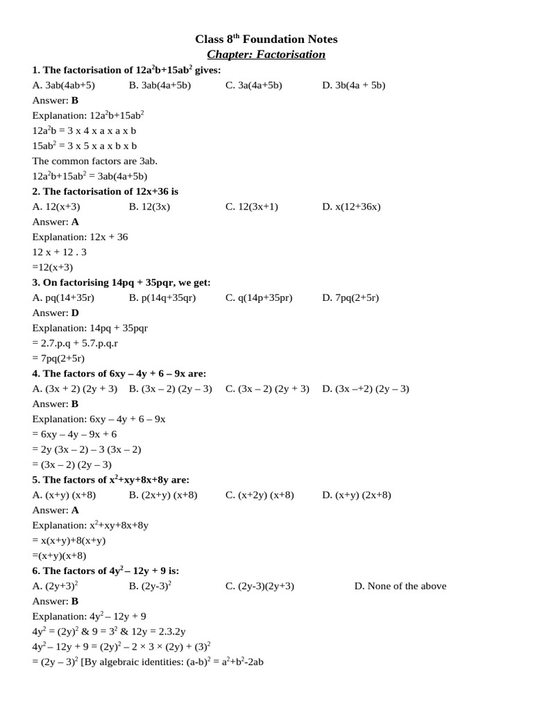 Class 8 Factorisation Notes | PDF | Chess | Chess Theory