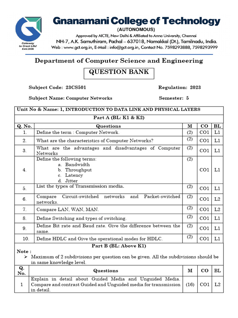 23CS501 - Computer Networks - Question Bank | PDF | Routing | I Pv6