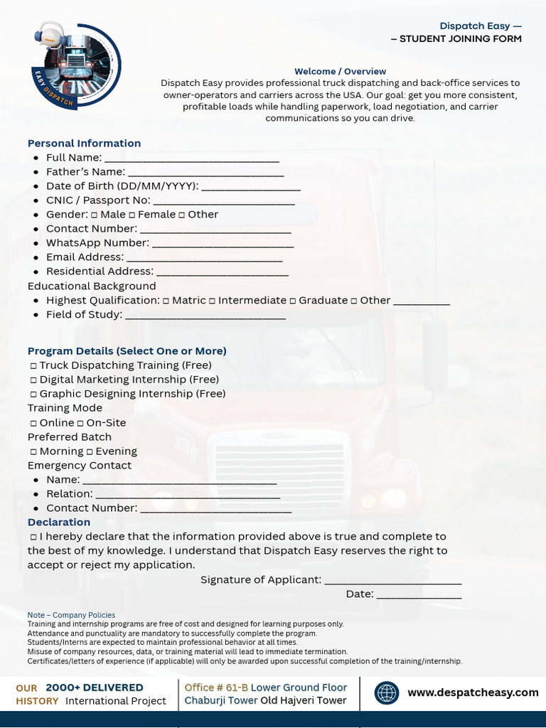 Dispatch Easy - Dispatch Easy - Student Joining Form | PDF