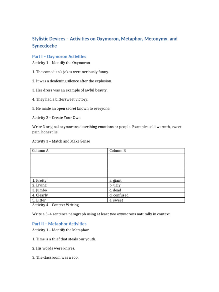 Stylistic Devices: Oxymoron, Metaphor, Metonymy, Synecdoche Activities ...