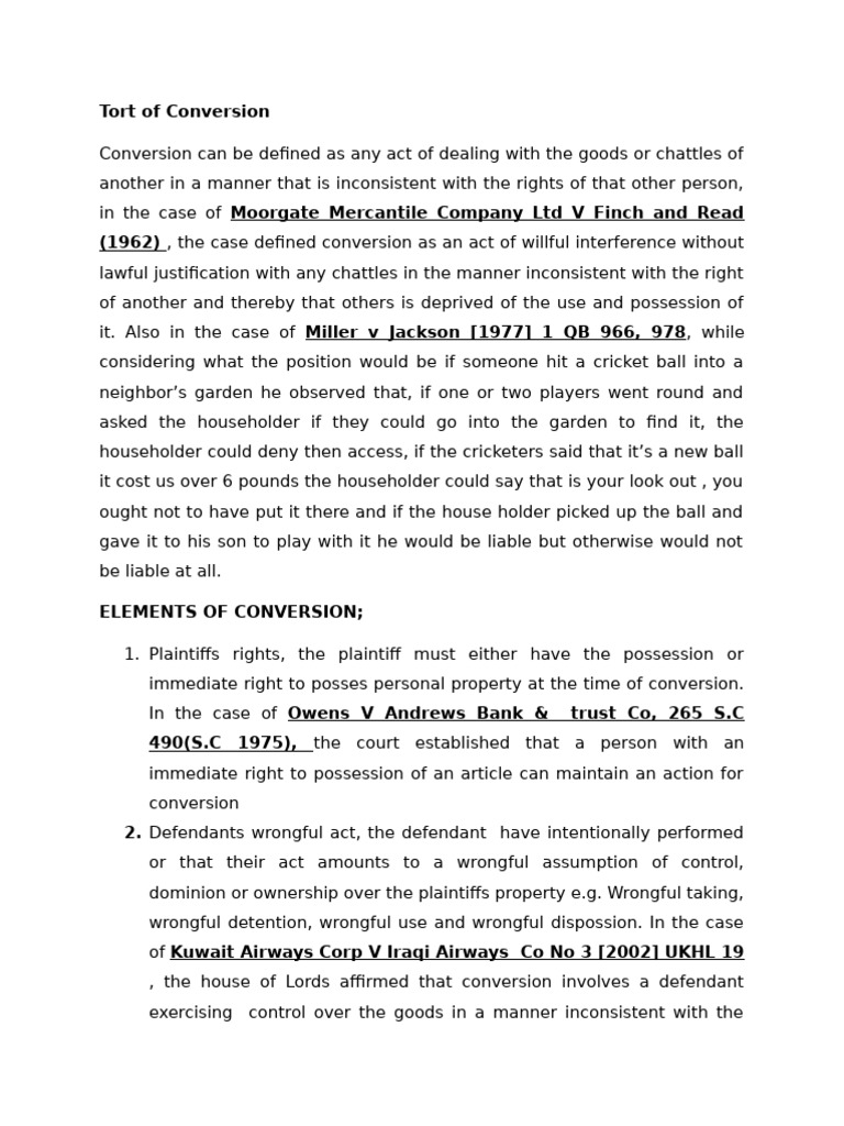 Tort Law by Aisu Joel | PDF | Conversion (Law) | Trespass