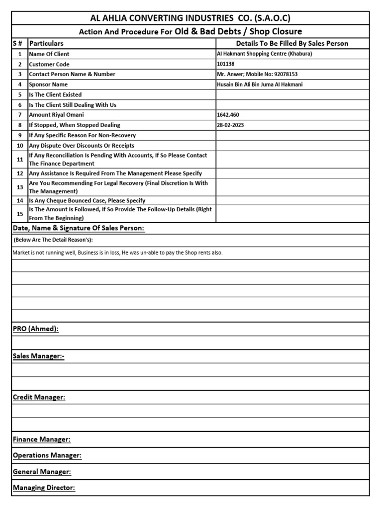 Al Hakmant Shopping Center - Khaburah , Shop Closure Form | PDF