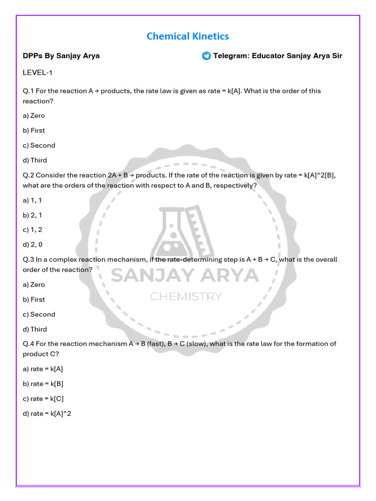 Chemical Kinetics Practice Questions | PDF | Reaction Rate | Process ...