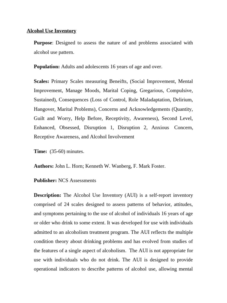 Alcohol Use Inventory Assessment Tool | PDF | Alcoholism | Behavioural ...