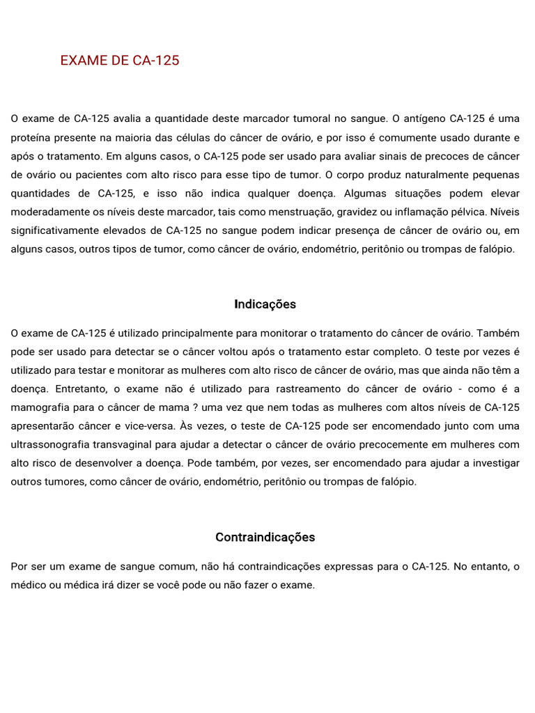 EXAME DE CA-125 | PDF | Câncer | Câncer de Ovário
