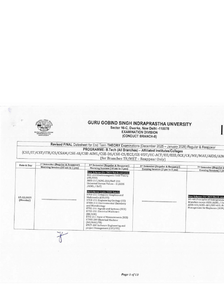 Revised Final Datesheet BTech (Affiliated) Dec 25 - Jan 26 PDF | PDF