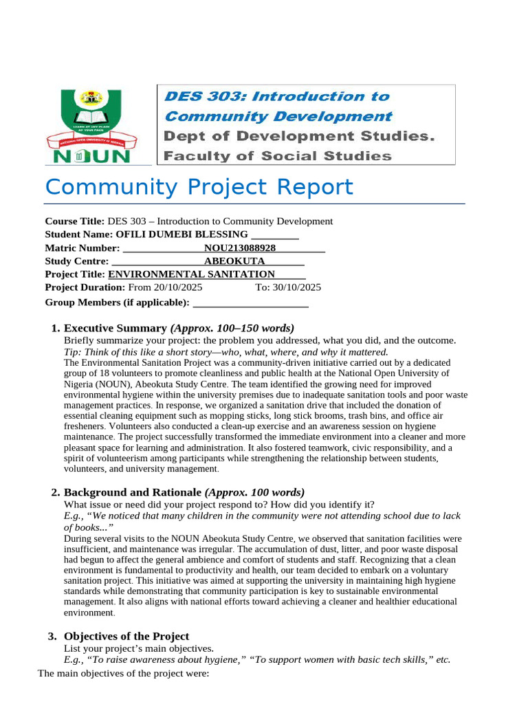 Environmental Sanitation Project Report | PDF | Volunteering | Sanitation