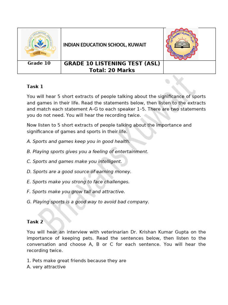 Grade 10 Listening Test on Sports, Pets, and Reading | PDF