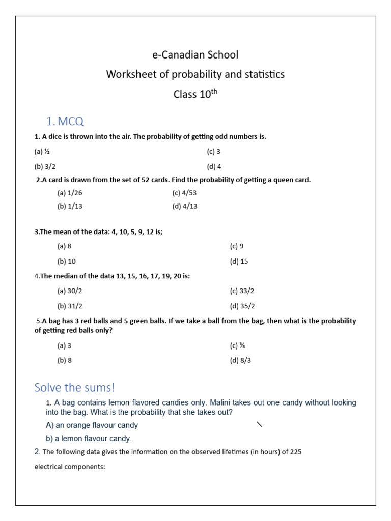 Class 10 Probability & Statistics Worksheet | PDF | Probability Theory ...