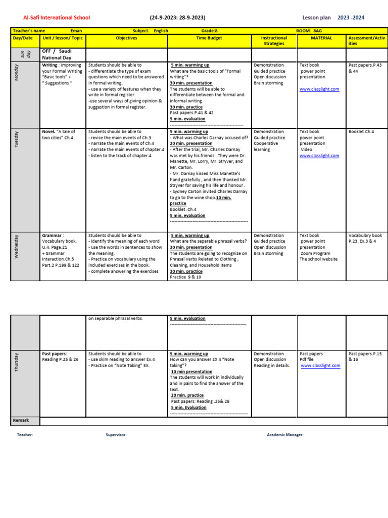 Grade 8 English Lesson Plan 2023-2024 | PDF | Lesson Plan | Linguistics