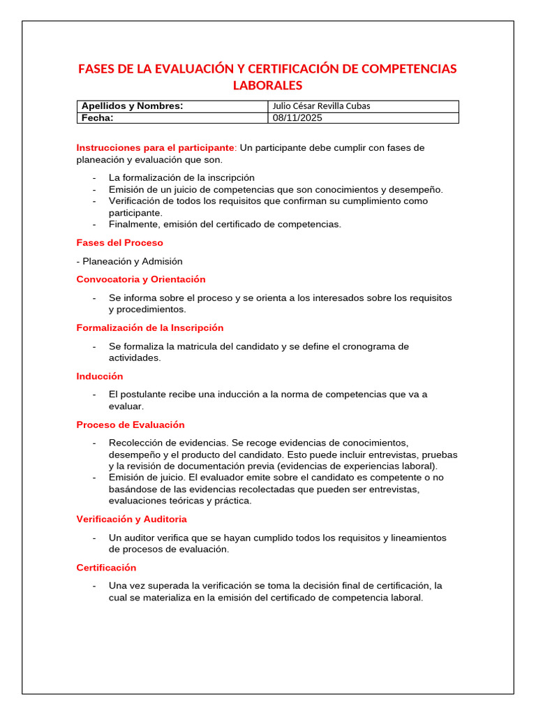 Fases de La Evaluación y Certificación de Competencias Laborales | PDF