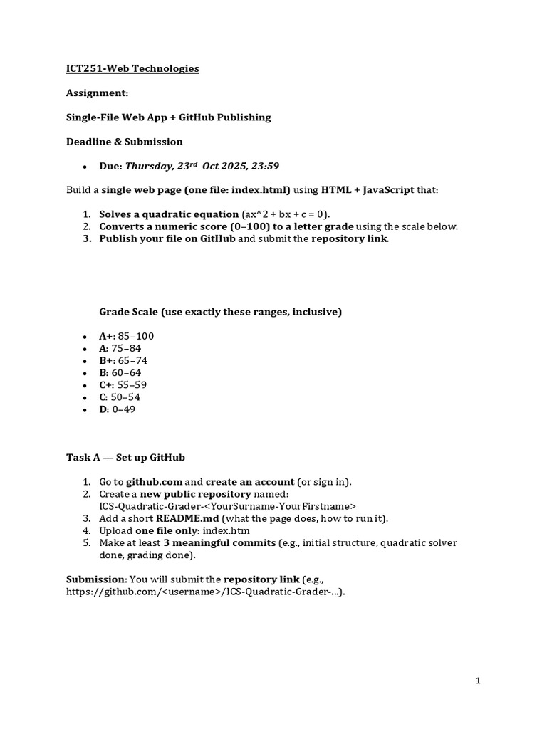 ICT251 JS GitHub Activity | PDF | Quadratic Equation | Mathematics