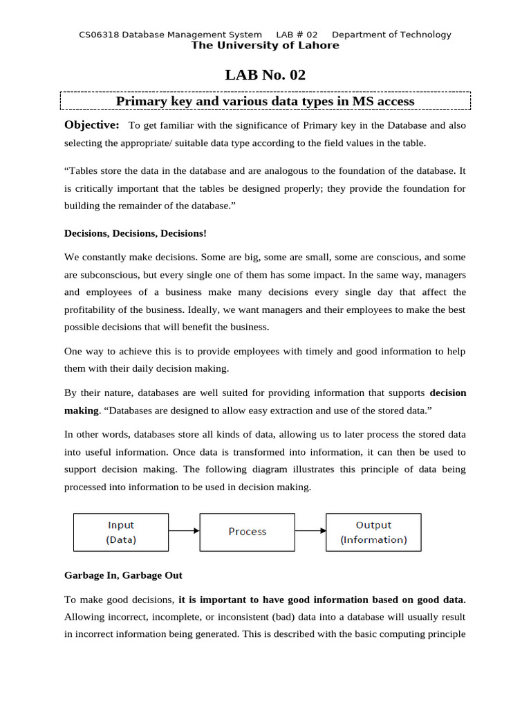 MS Access Primary Key & Data Types Guide | PDF | Databases | Table ...