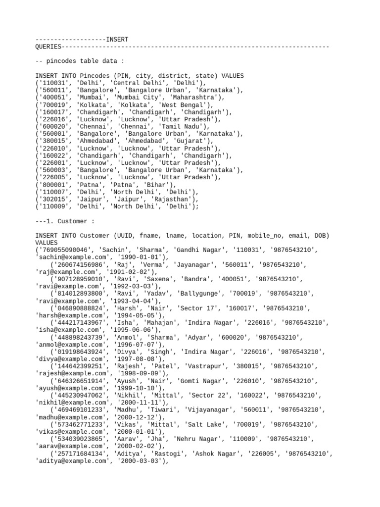 Pincode and Customer Data Inserts | PDF