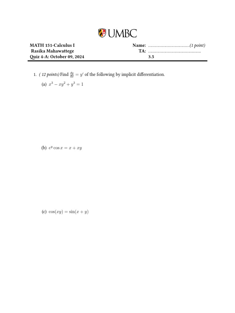 Calculus I Quiz 4-A: Implicit Differentiation | PDF