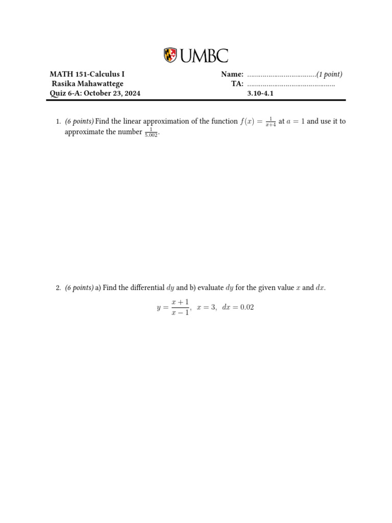 Calculus I Quiz 6-A Solutions | PDF