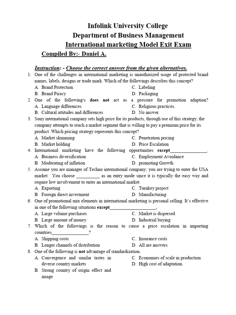 International Marketing Model Questions | PDF | Market (Economics ...