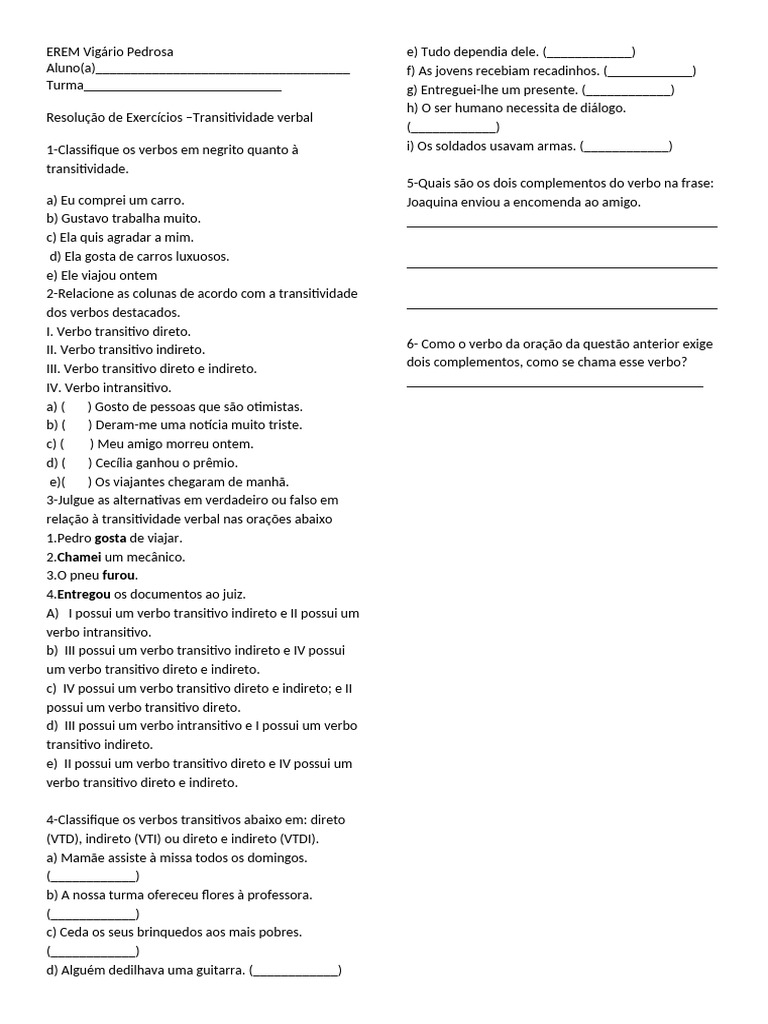Exercícios sobre Transitividade Verbal | PDF | Famílias linguísticas