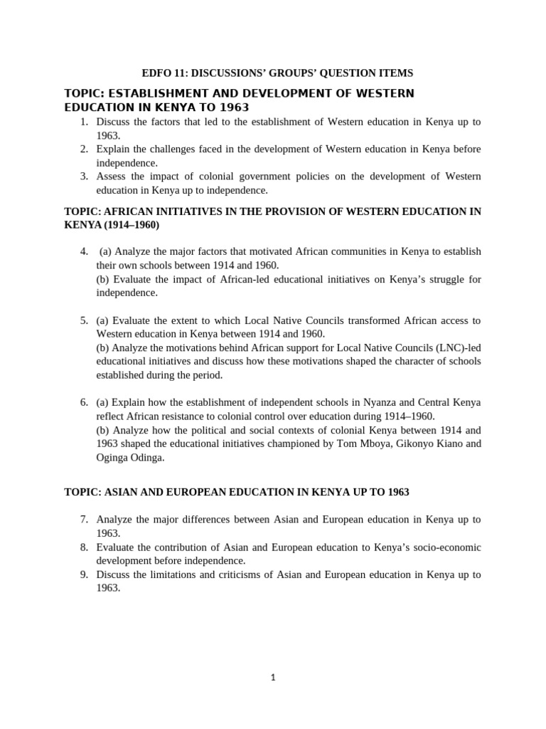Questions For Discussion Groups | PDF | Kenya | Vocational Education