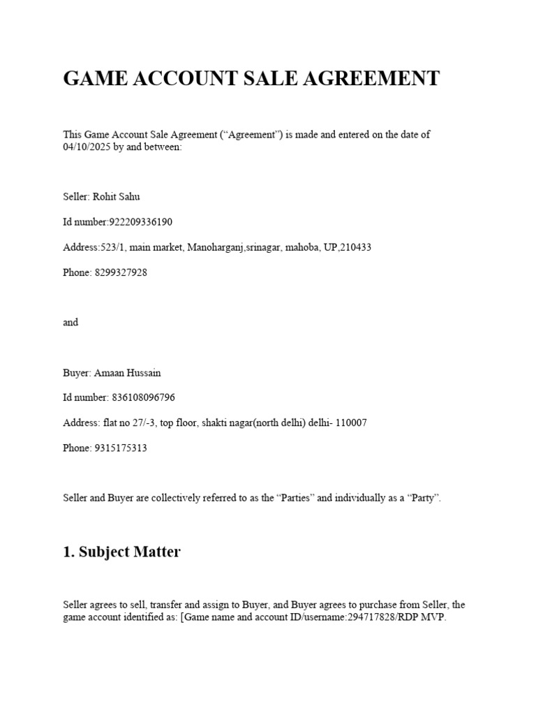 Game Account Sale Agreement Template | PDF | Indemnity | Sales