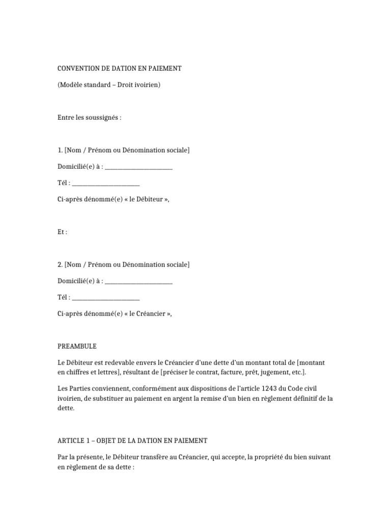 Modèle de Convention de Dation en Paiement | PDF | Débiteur