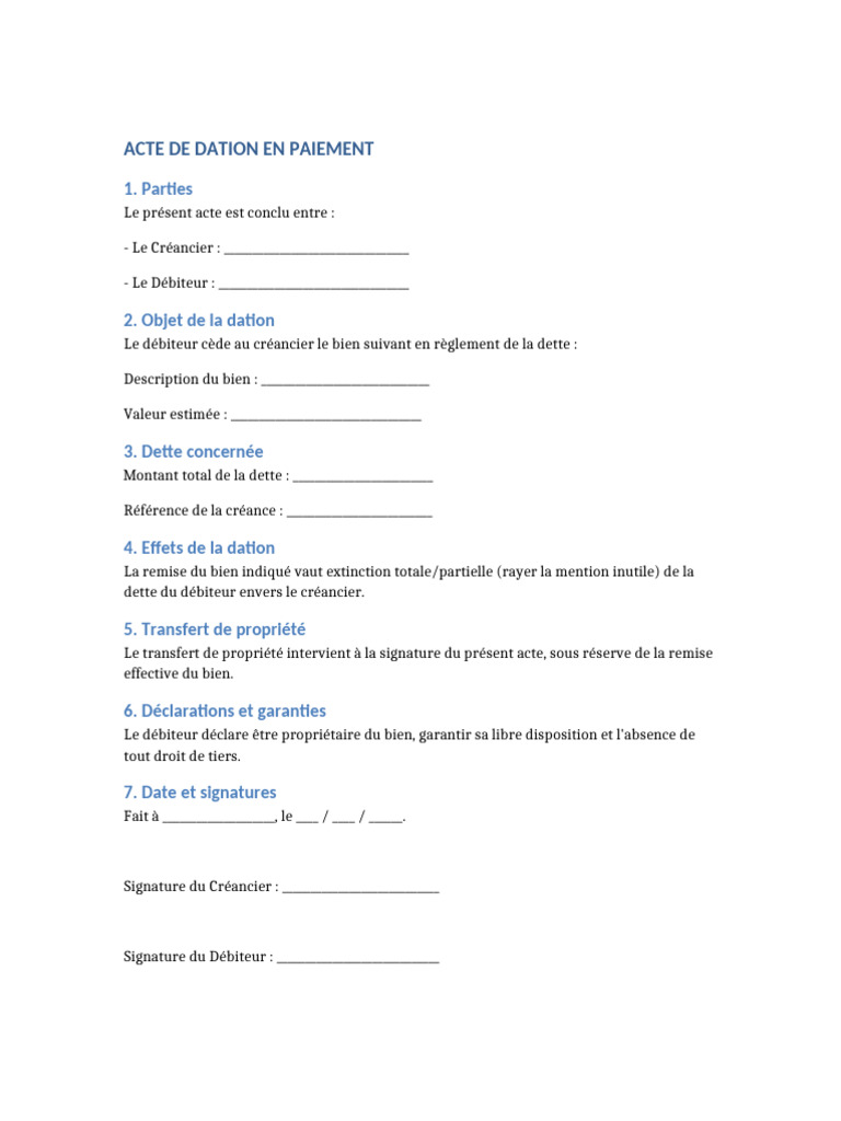 Acte de Dation en Paiement Simplifié | PDF
