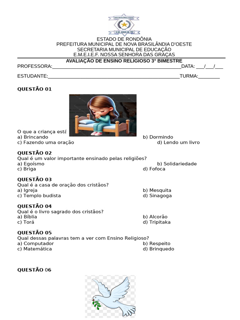 Avaliação de Ensino Religioso 3º Bimestre | PDF | Oração | Espiritualidade