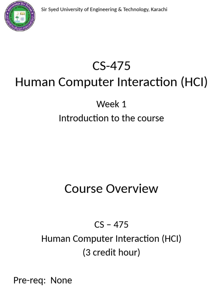HCI Course Overview - CS-475 at SUET | PDF