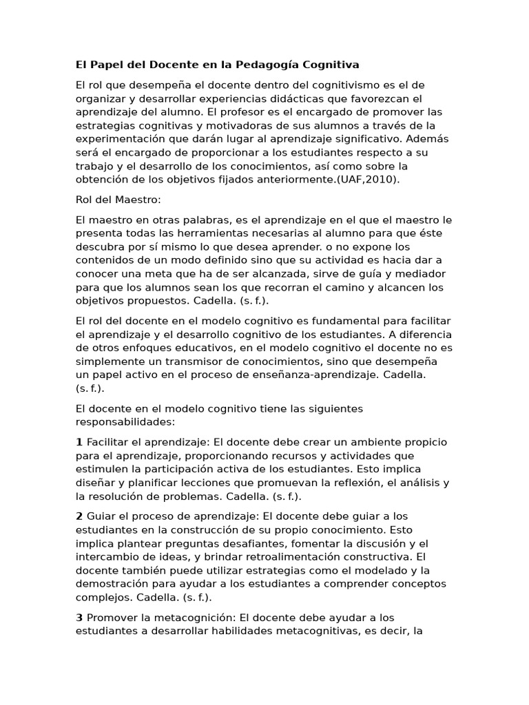 Rol del Docente en la Pedagogía Cognitiva | PDF | Enseñando | Aprendizaje