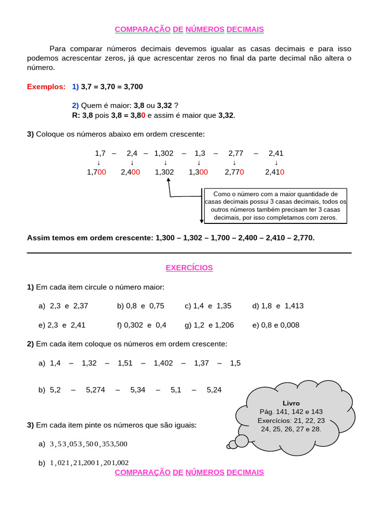 Comparação de Números Decimais: Guia e Exercícios | PDF | Divisão ...