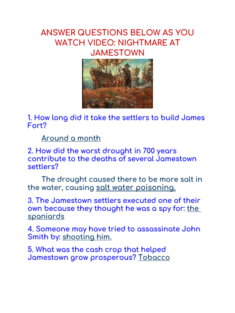 Questions For Nightmare at Jamestow | PDF