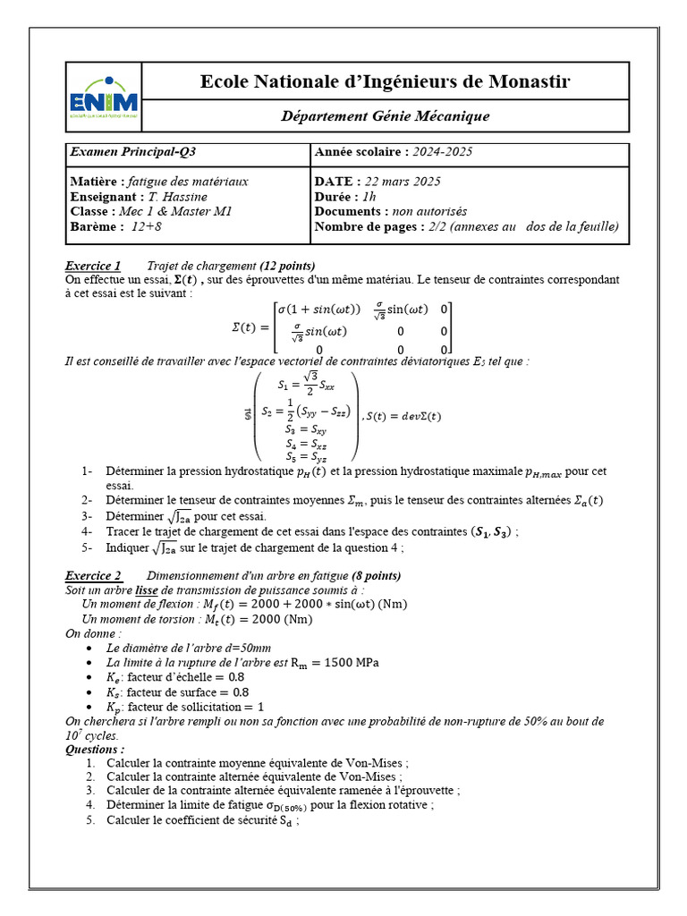 Examen de Fatigue des Matériaux 2025 | PDF | Fatigue (matériau ...