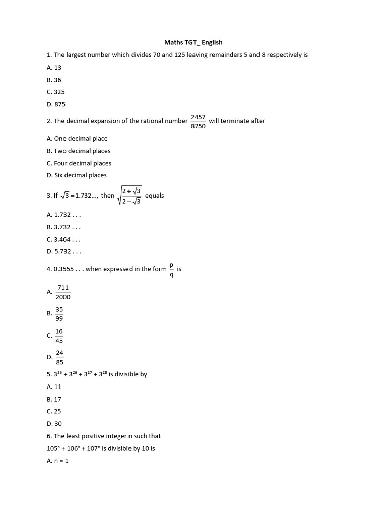 Maths TGT Questions and Solutions | PDF | Area | Circle