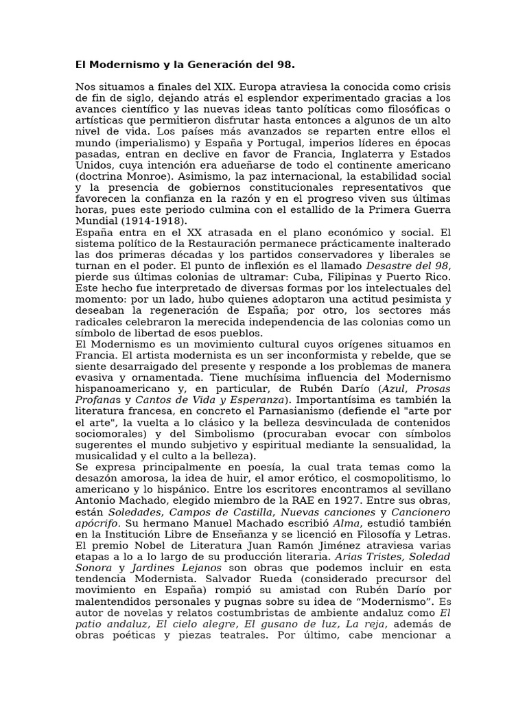 El Modernismo y La Generación Del 98 | PDF