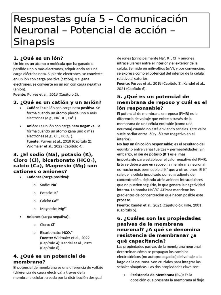 Respuestas Guía 5 Arti III Neuro | PDF | Sinapsis | Potencial de acción