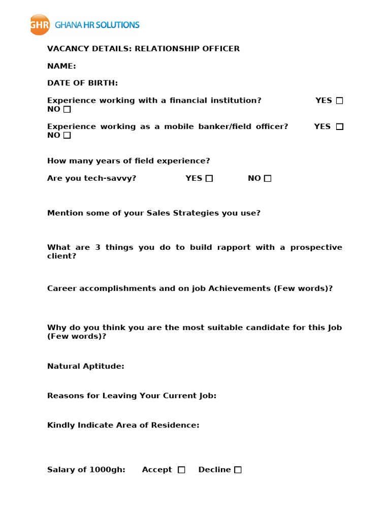 Relationship Officer Vacancy Application | PDF
