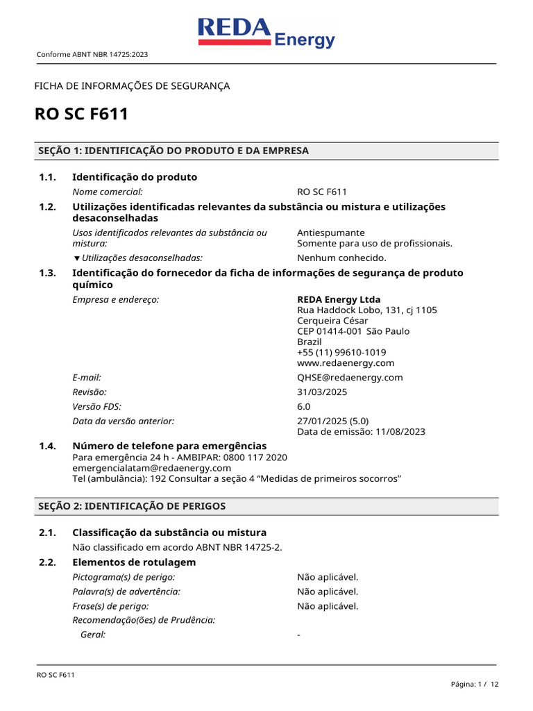Ficha de Segurança RO SC F611 - ABNT NBR 14725 | PDF | Petróleo ...