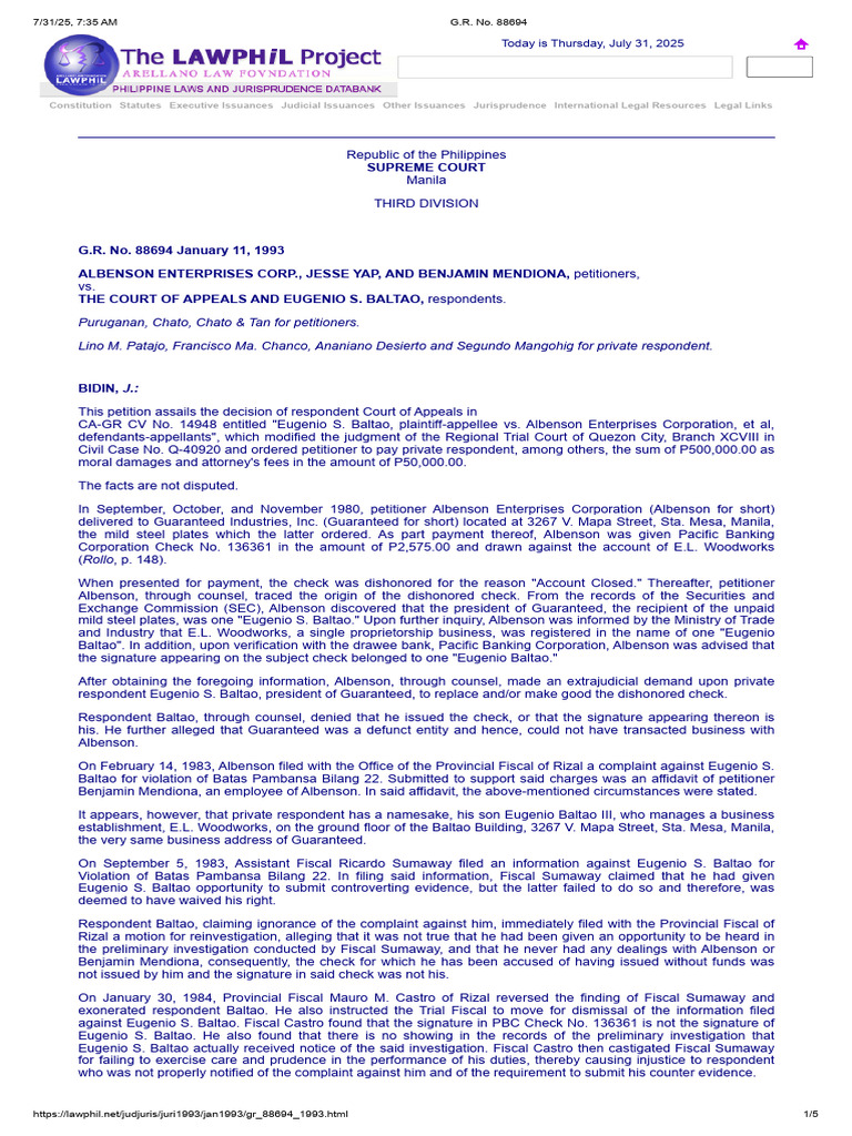 PFR - Albenson Enterprises Corp. vs. C.a., 217 SCRA 16 | PDF ...