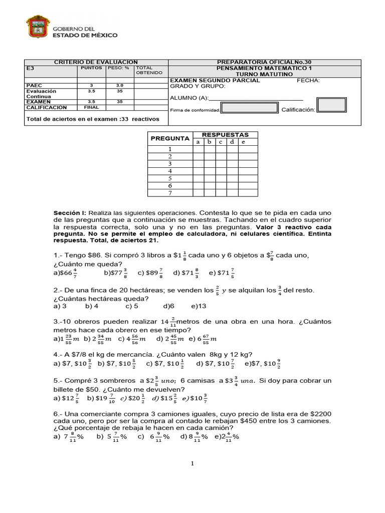 Examen de Matemáticas: Segundo Parcial | PDF