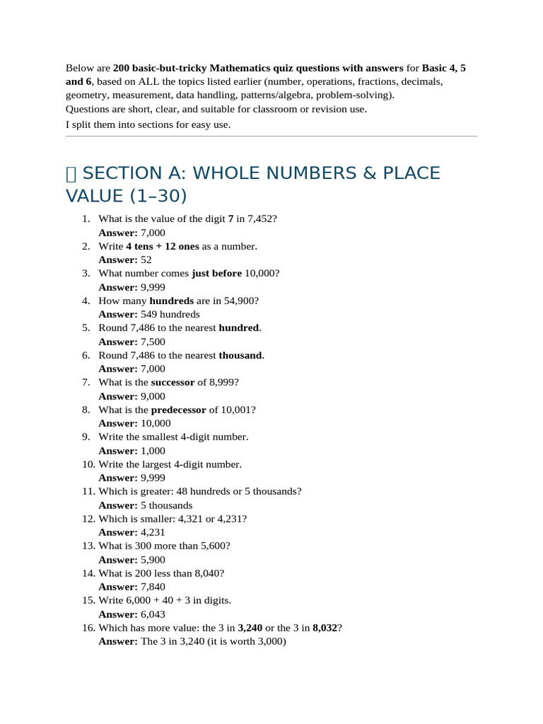 Mathematics Quiz For Basic 4,5,6 | PDF | Chart | Area