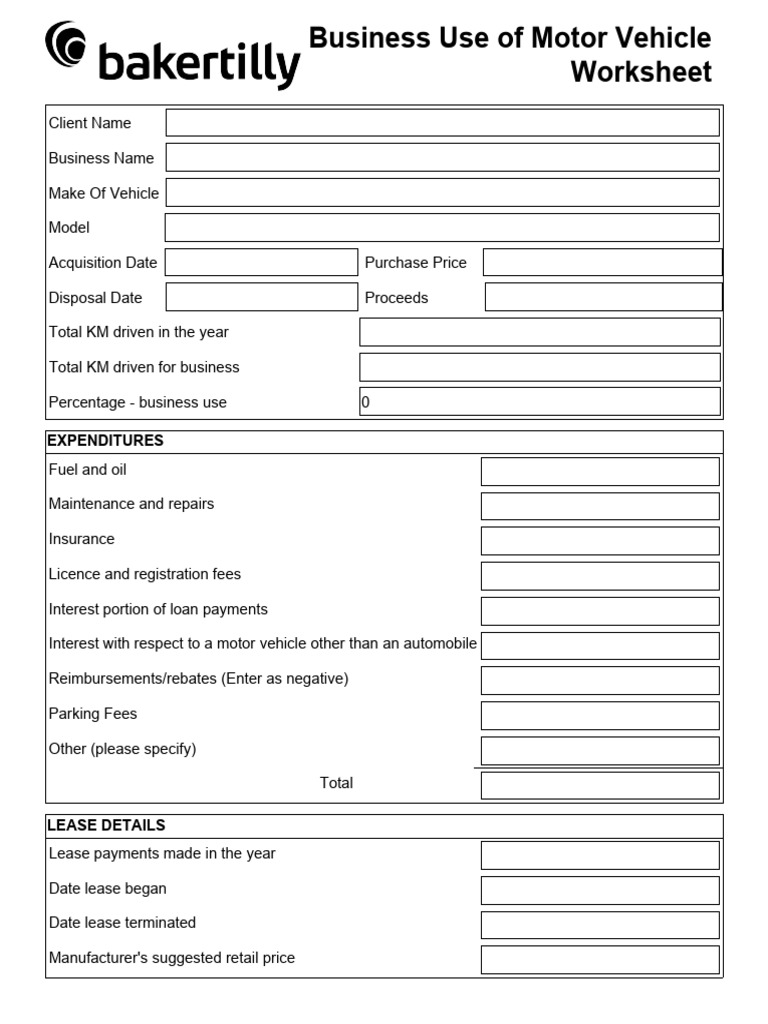 BT - Tax Worksheet - Business Use of Motor Vehicle Worksheet - Manual | PDF