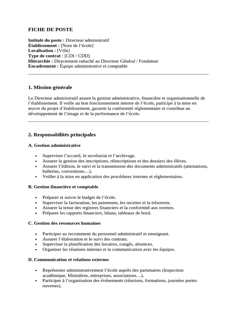 Fiche de poste : Directeur administratif | PDF | Recrutement | Business
