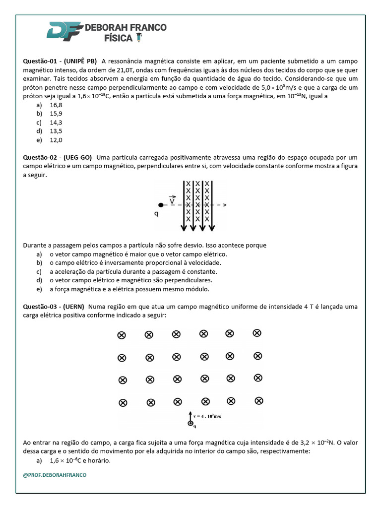 Exercícios sobre Força Magnética e Cargas | PDF | Magnetismo | Campo ...