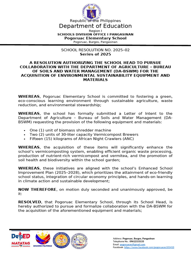 Pogoruac School's Eco Equipment Resolution | PDF | Natural Environment ...