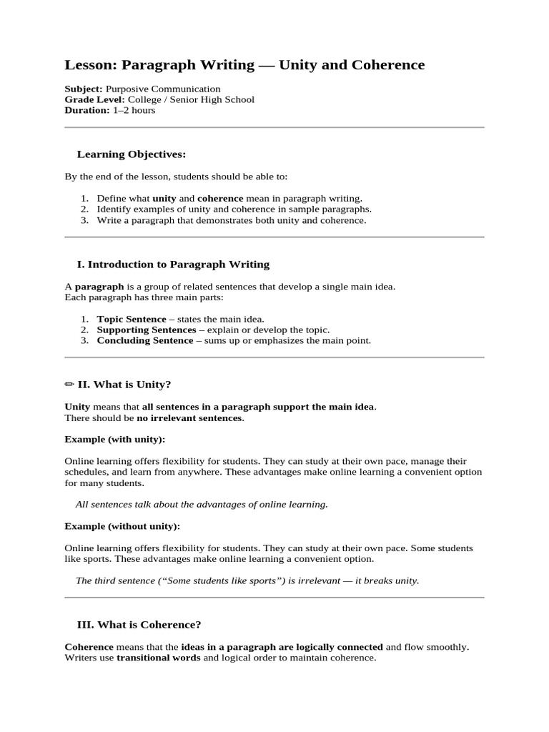 Unity and Coherence in Paragraph Writing | PDF | Paragraph ...