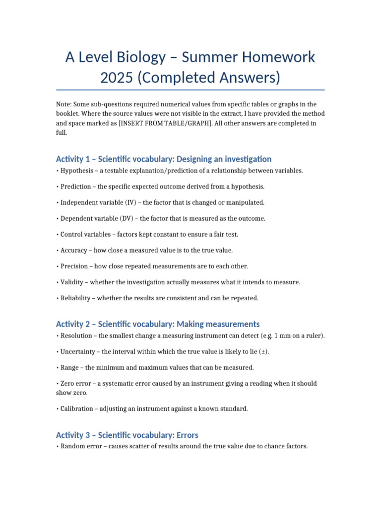 A Level Biology Summer Homework Answers | PDF | Cell (Biology ...