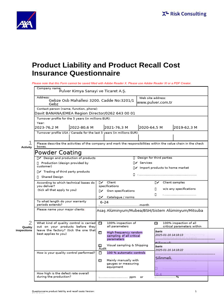 Product Liability & Recall Cost Questionnaire | PDF | Quality ...