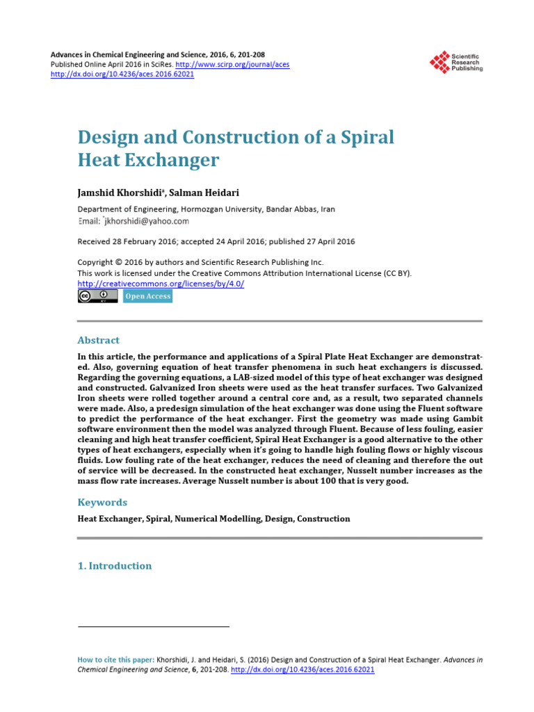 Design and Construction of a Spiral Heat Exchanger | PDF | Heat ...