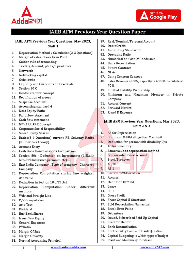 JAIIB AFM Previous Year Questions 2023 | PDF | Depreciation | Bonds ...